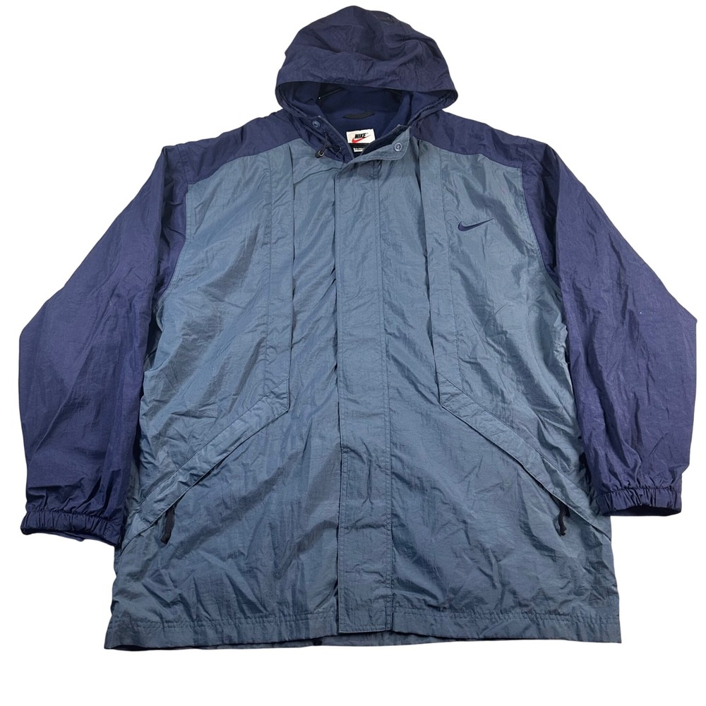 VTG Nike Colorblock Hooded Windbreaker Jacket XL Blue Navy Nylon Full Zip
